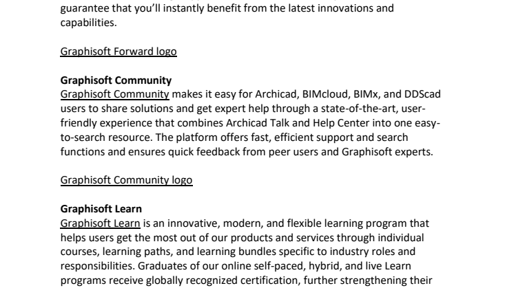 Graphisoft Forward, Graphisoft Community, Graphisoft Learn positioning statements and logos