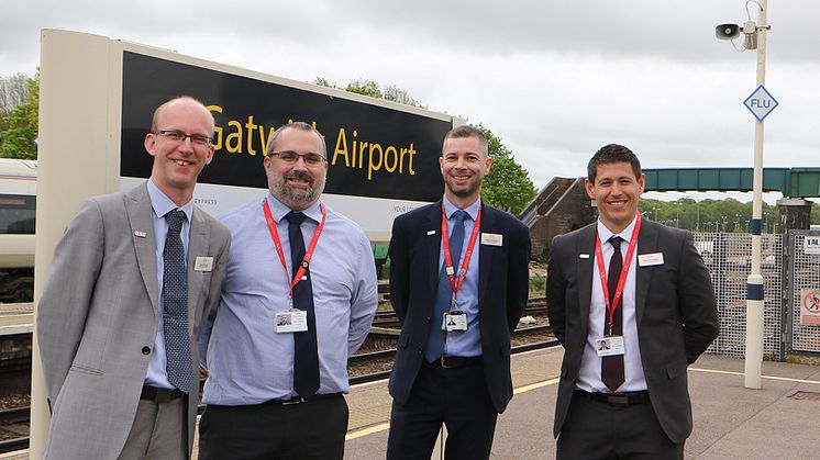 Managers - from left David Stronell, Area Station Manager, Tim Aveline, On-Board Services Manager, Stephen Darbyshire, Operations Manager, Stephen MacCallaugh, Head of Gatwick Express