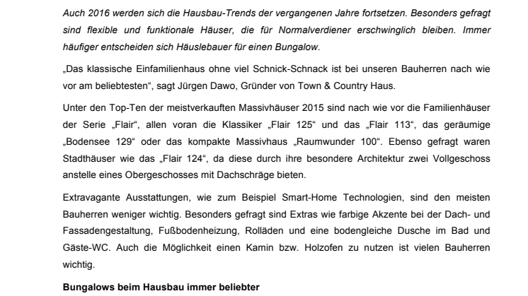 Hausbau-Trends 2016: Moderne Massivhäuser sind energiesparend, funktional, flexibel und trotzdem bezahlbar