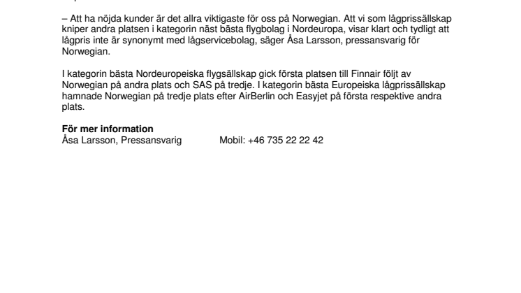 Norwegian får silver och brons i prestigefylld kundmätning