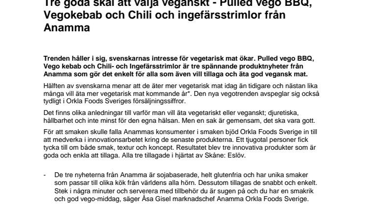 Tre goda skäl att välja veganskt - Pulled vego BBQ, Vegokebab och Chili och ingefärsstrimlor från Anamma