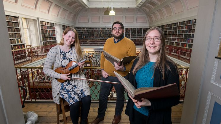 From l-r Dr Rachael Durkin, Senior Lecturer at Northumbria University; James Smith, Music Librarian at the Lit & Phil; and Dr Katherine Butler, Senior Lecturer at Northumbria University.