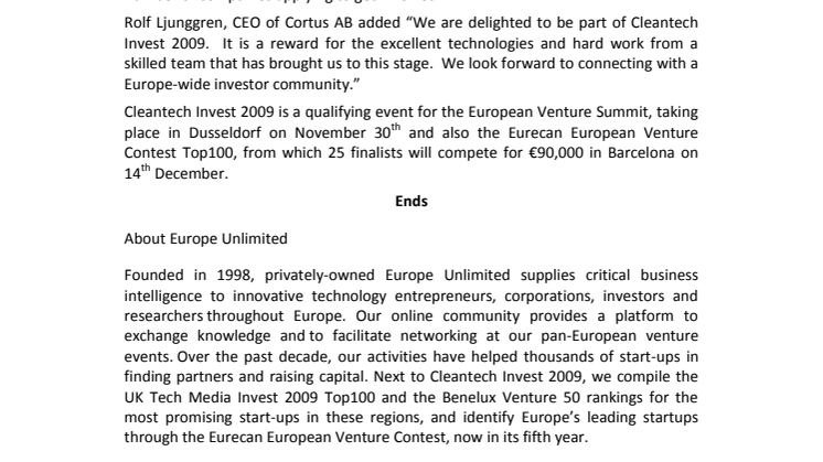 Cortus AB announced in CleanTech Invest 2009 