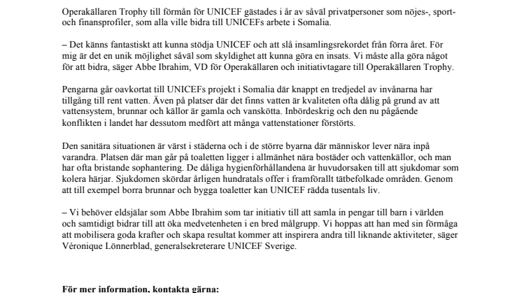 Operakällaren samlar in 4,2 miljoner till UNICEF
