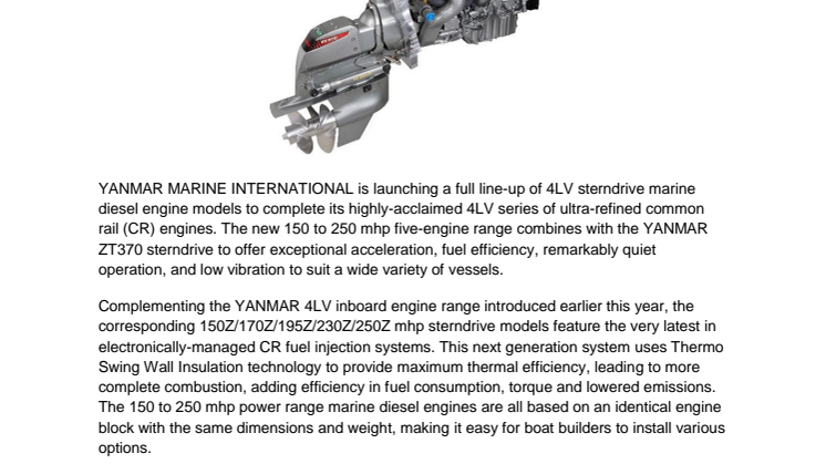 YANMAR Launches 4LV Sterndrive Models to Complete Mid-Range Series of Common Rail Diesel Engines