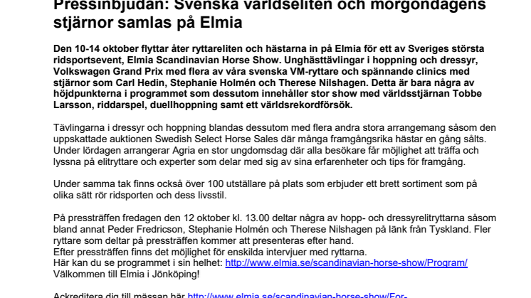 Pressinbjudan: Svenska världseliten och morgondagens stjärnor samlas på Elmia