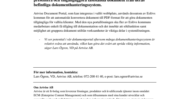 Eslövs kommun väljer Artvise Document Portal!