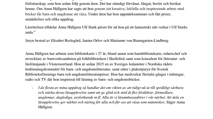 Ulf Stark-priset tilldelas Anna Hällgren