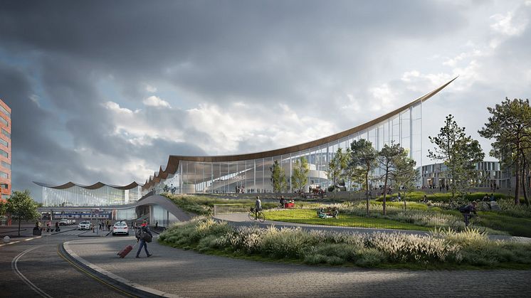 Resecentrum sett från Sigurdsterrassen på södra sidan om spåren.