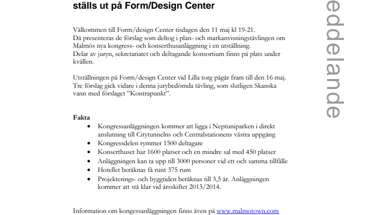 Förslag till ny kongressanläggning i Malmö ställs ut på Form/Design Center