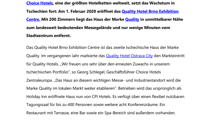 Neue Top-Destination: Choice Hotels eröffnet weiteres Quality Hotel in Tschechien