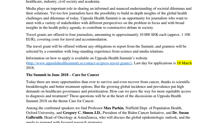 Application process now open for Uppsala Health Summit journalist grants for Summit on global cancer care, 14-15 June 2018. 