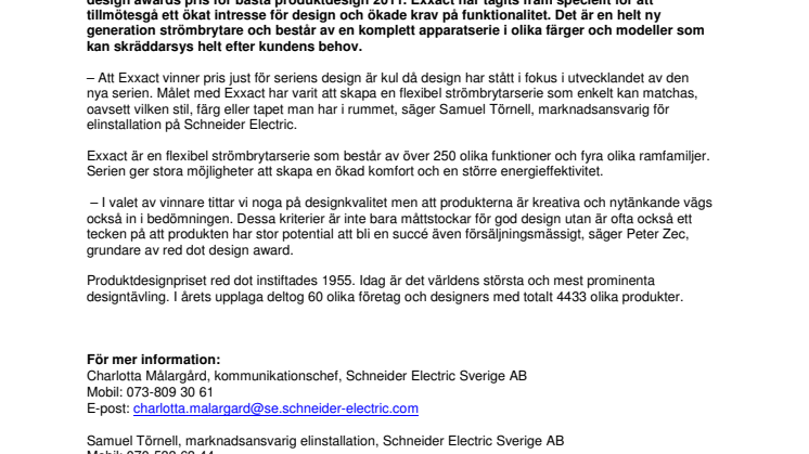 Schneider Electrics strömbrytarserie Exxact vinner internationellt designpris