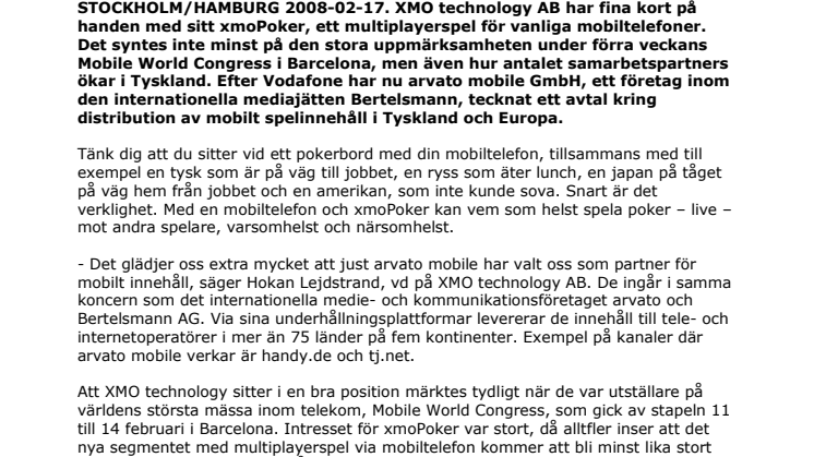 Svenskt mobilpoker växer i Tyskland genom samarbete mellan arvato mobile GmbH och XMO technology AB
