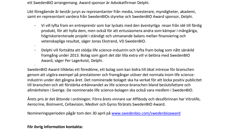 Dags att nominera till SwedenBIO Award 2014