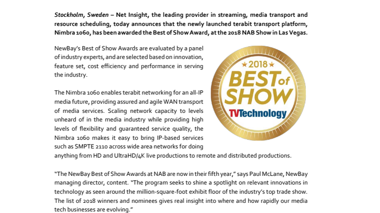 Net Insight’s Nimbra 1060 Wins NewBay’s Best of Show Award presented by TV Technology