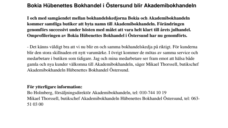 Bokia Hübenettes Bokhandel i Östersund blir Akademibokhandeln 