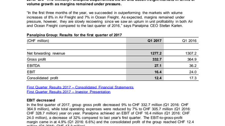 Panalpina reports higher volumes as margins remained under pressure