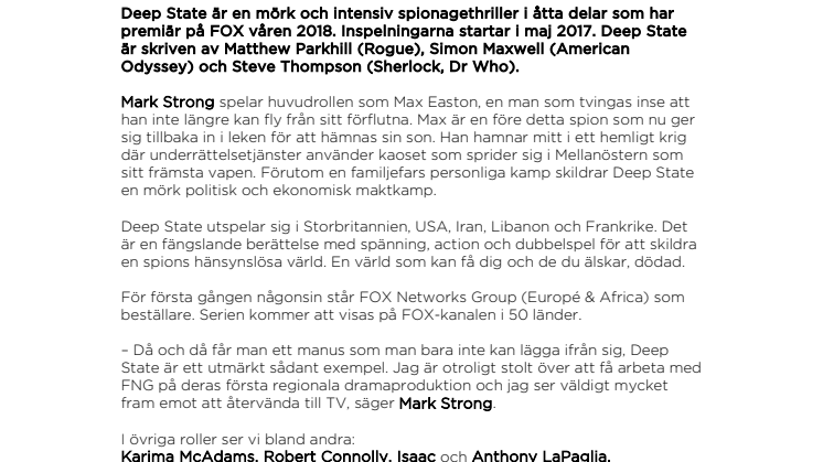 Mark Strong får huvudrollen i FOX Networks Groups första egenproducerade serie Deep State