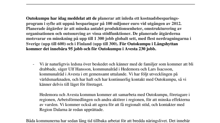 Outokumpu varslar 230 i Avesta och 95 i Långshyttan