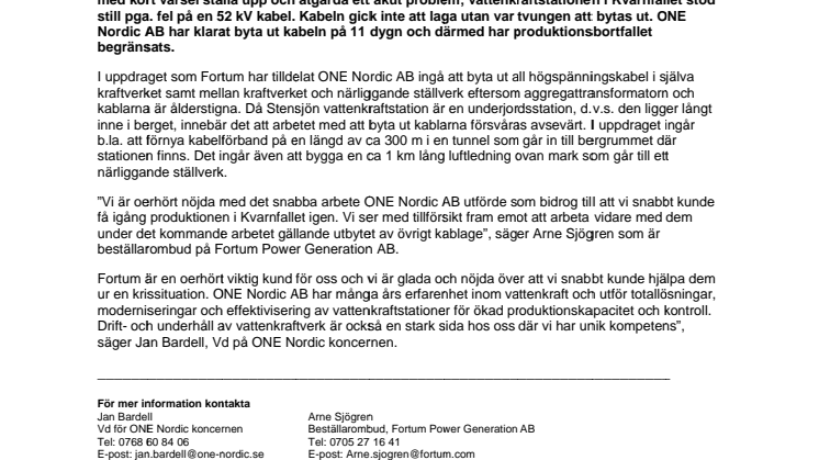 ONE Nordic AB utför kvalificerad kabelarbeten i vattenkraftstationen i Stensjön