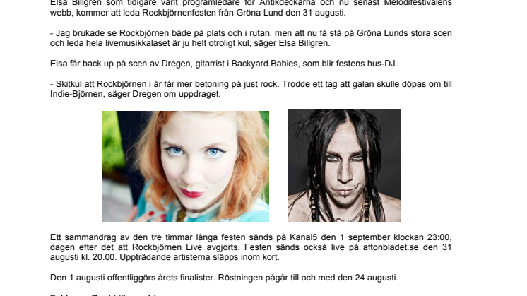 Elsa Billgren och Dregen leder Rockbjörnen Live från Gröna Lund