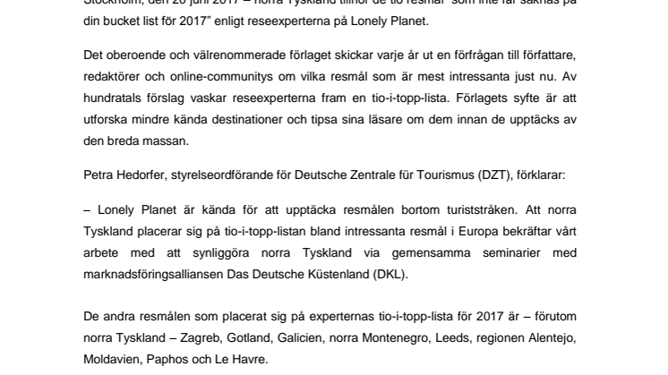 ​Lonely Planet korar norra Tyskland till ett av Europas tio i topp-resmål