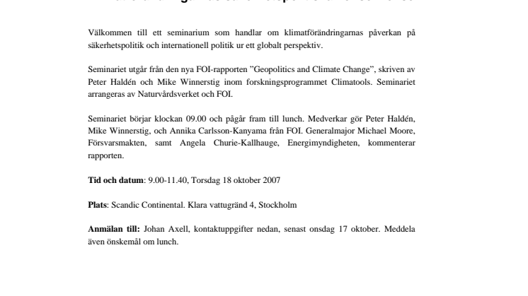 Pressinbjudan: Klimatförändringarnas säkerhetspolitiska konsekvenser