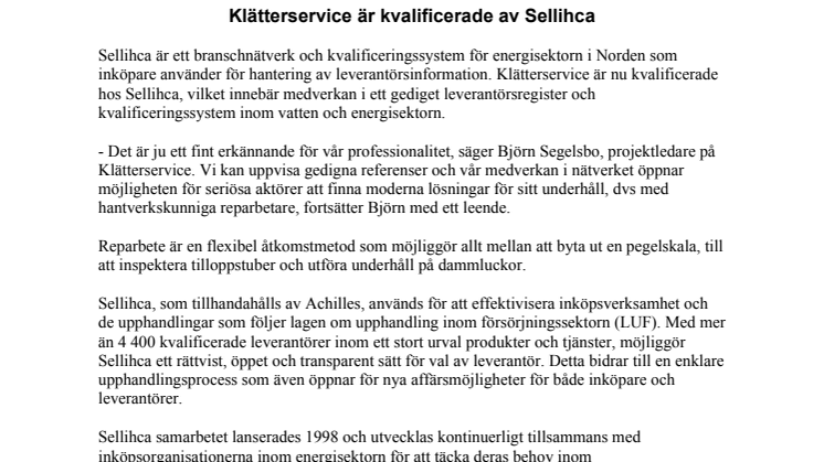 Klätterservice är kvalificerade av Sellihca
