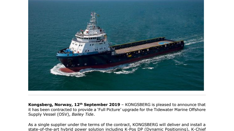 KONGSBERG to supply ‘Full Picture’ hybrid upgrade  for Tidewater Marine Offshore Supply Vessel