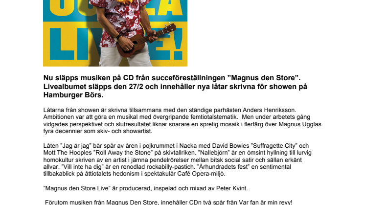 Magnus Uggla släpper livealbumet ”Magnus den Store Live”