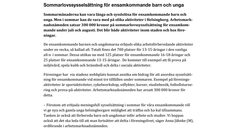 Sommarlovssysselsättning för ensamkommande barn och unga