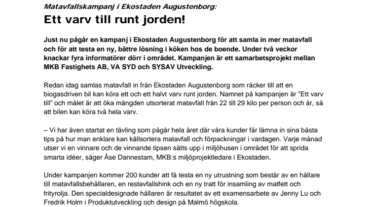 Matavfallskampanj i Ekostaden Augustenborg: Ett varv till runt jorden!