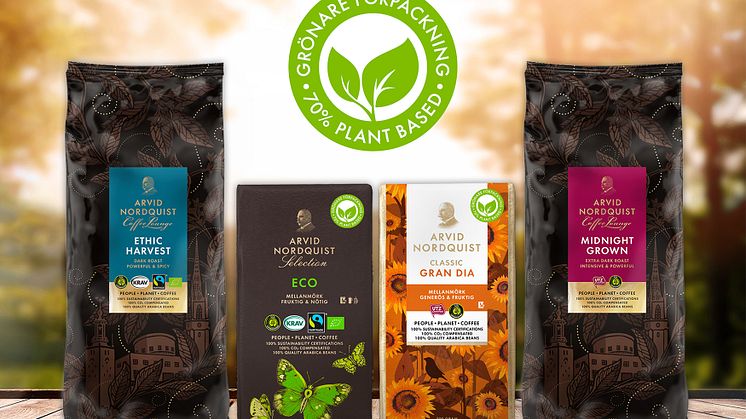 Arvid Nordquist nya kaffeförpackningar  består till minst av 70% växtbaserat material och halverar koldioxidutsläppet i förhållande till tidigare förpackningsmaterial.
