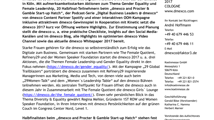 Gender Equality, Hatch-Halbfinalisten, innovative Aktionen: Letzte News vor der dmexco 2017