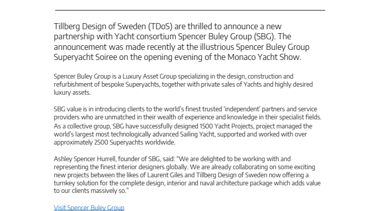 Tillberg Design of Sweden partners with Spencer Buley Group 