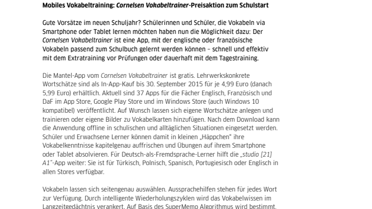 Mobiles Vokabeltraining passend zum Schulbuch: Cornelsen Vokabeltrainer-Preisaktion zum Schulstart 
