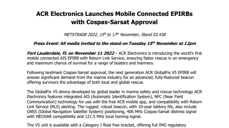 11 Nov 22 - METSTRADE - ACR Electronics Launches GlobalFix V5 and GlobalFix V6 AIS EPIRBs.pdf