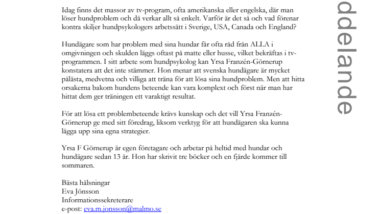 Stadsbiblioteket i Malmö lör 3 maj kl 13-15:  Hand med hund