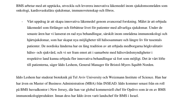 Iddo Leshem utsedd till General Manager för Bristol-Myers Squibb i Norden
