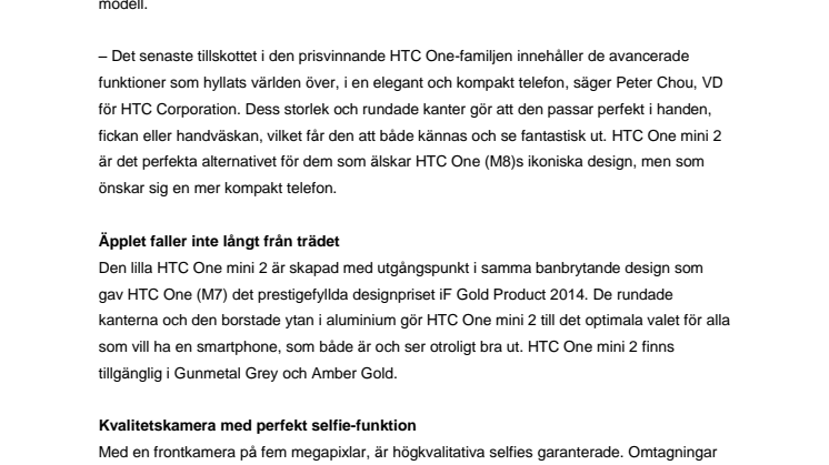 HTC lanserar den vackert kompakta HTC One mini 2