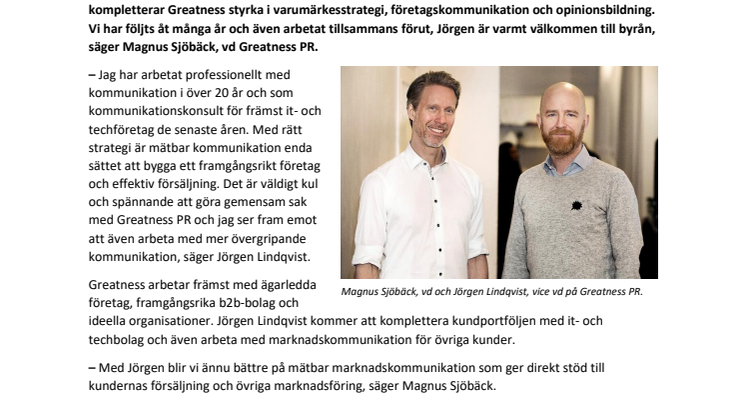 Jörgen Lindqvist ny partner på Greatness PR