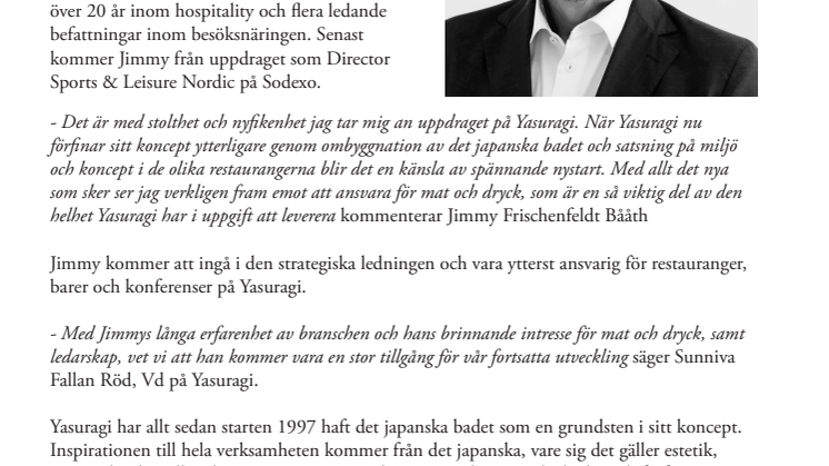 Yasuragi anställer Jimmy Frischenfeldt Bååth som ny Food & Beverage Manager