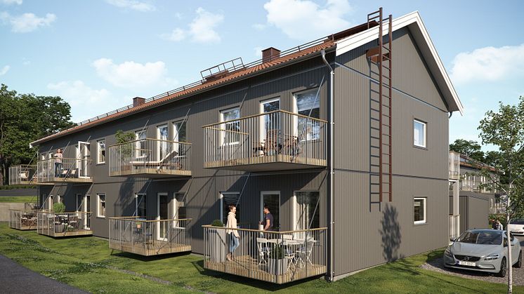 Illustration av gårdssida med balkonger, BoKlok Sörgården i Åkersberga. 