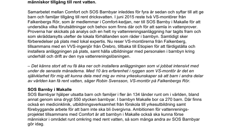 Comfort och SOS Barnbyar fortsätter samarbetet för barns rätt till rent vatten: Rörmokare från Falkenberg ska ge rent vatten till barn i Etiopien 