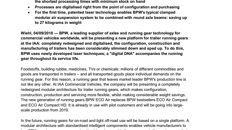 BPW revolutionises the running gear for trailers with modular architecture and "digital DNA"