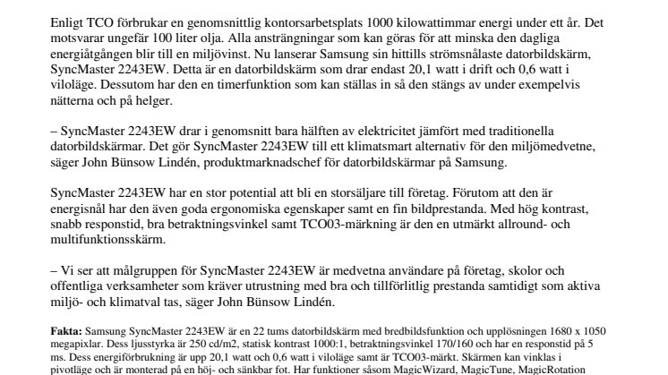 Samsung lanserar energisnål datorbildskärm