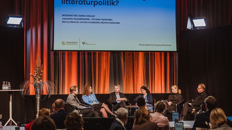 Litteraturpolitiskt toppmöte 2022_Stefan Eklund_Marlen Eskander_Christer Nylander_ Linnéa Lindsköld_Jeanette Gustafsdotter_Benny Marcel_Fotograf Natalie Greppi Bokmässan