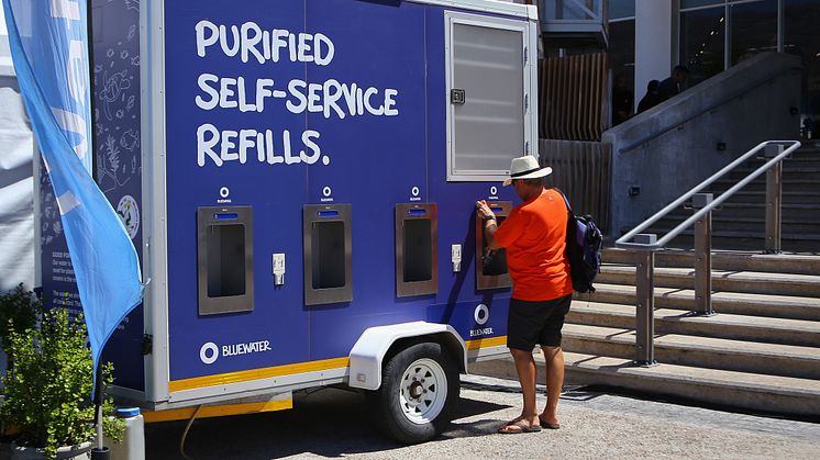 A Bluewater mobile hydration station helped visitors to The Ocean Race stopover village in Cape Town stay healthily refreshed despite hot conditions.