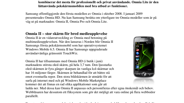 Samsung lanserar tre nya Omnia-modeller